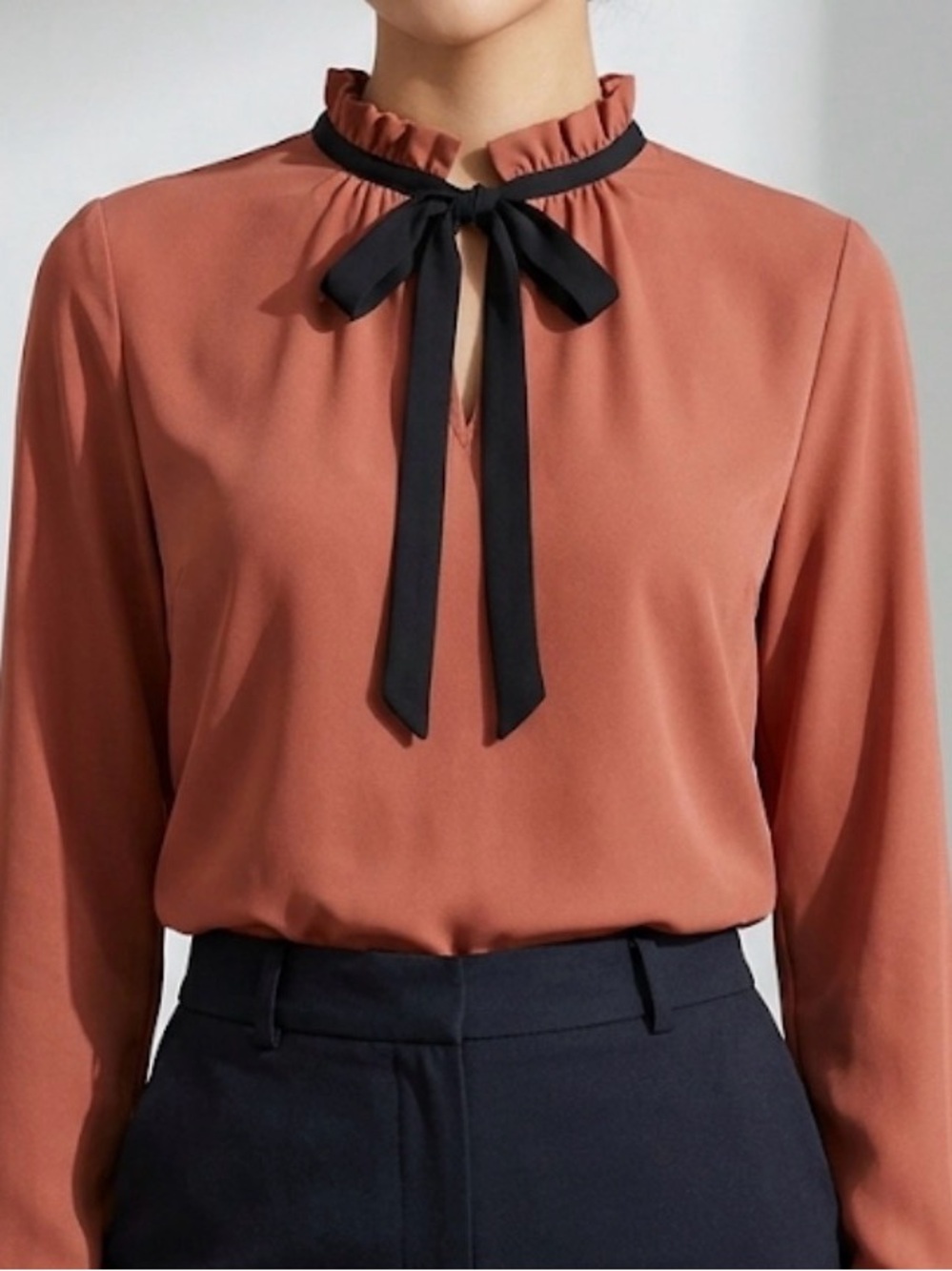 Active USA Rust Ruffle Tie-Neck Blouse with Black Bow